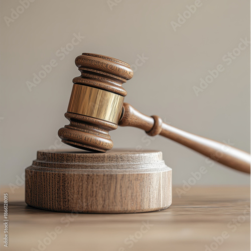 Wooden judge gavel striking sounding block in courtroom setting, authoritative mood and neutral lighting evoke justice and decision