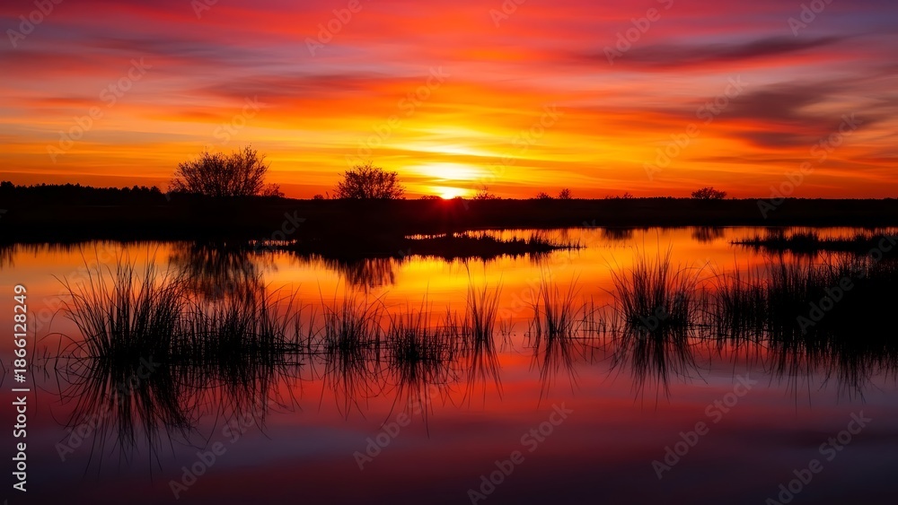 Obraz premium Spectacular Fiery Sunset Sky Reflected in Calm Wetland Waters: Vibrant Orange, Red, and Crimson Hues Mirroring the Dramatic Twilight Landscape Silhouette.