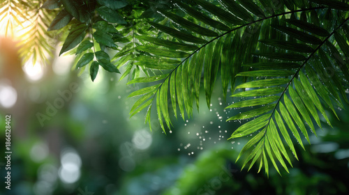 Green leaf palm leaf tropical foliage rainforest nature sunlight bokeh summer jungle fresh greenery fern leaf lush forest closeup detail Green