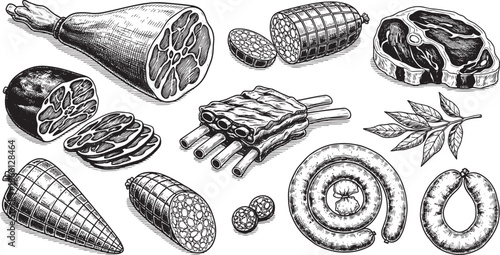 black and white drawing of various types of meat and sausages