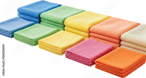 A clean stack of folded colorful towels and books featuring yellow, blue, green, and red textile fabrics isolated on white for bath or kitchen hygiene