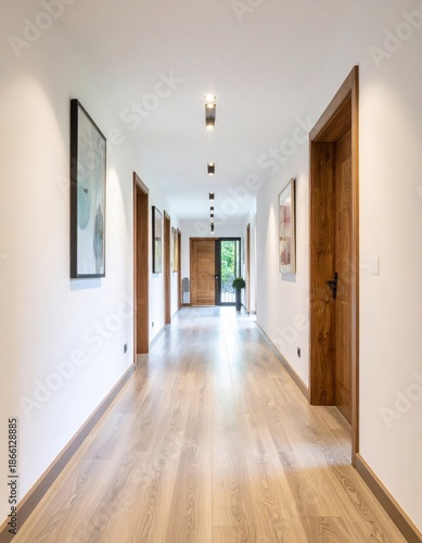A long, modern interior hallway with light wooden floors, white walls, and multiple doors.