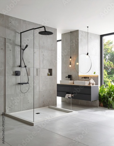 A modern bathroom featuring a walk-in shower with concrete walls and a sleek double vanity.