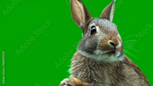 Adorable rabbit sitting on vibrant green background with soft focus and natural lighting