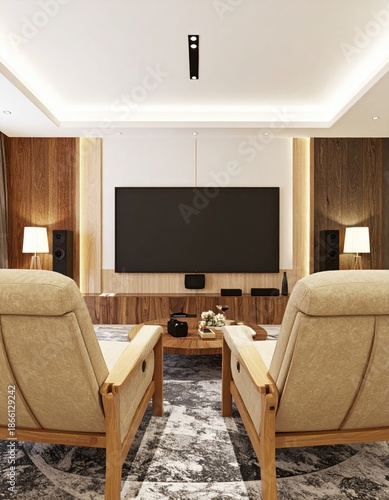 A modern home theater room with comfortable armchairs, a large screen, and wooden interior.