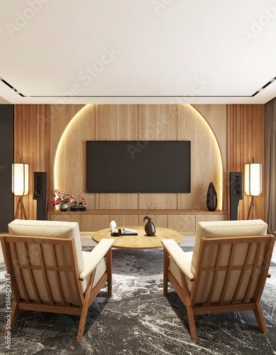 A modern living room with elegant wooden armchairs, a television, and warm illuminated arch.