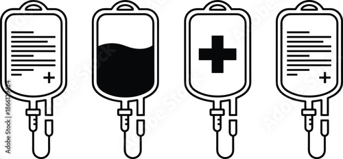 Set of black and white thin line icons featuring medical IV drip bags representing saline solution blood transfusion hospital treatment and healthcare emergency services