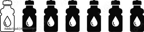 Set of black and white water bottle icons with liquid drop symbols representing hydration fitness sports health drinks and reusable plastic containers for wellness