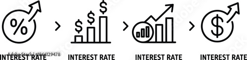 Set of black thin line icons representing interest rate growth financial statistics and economic profit increase with arrows percentage signs and dollar symbols