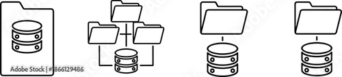 Set of thin line icons featuring file folders connected to database servers representing cloud storage data management network organization and digital information filing