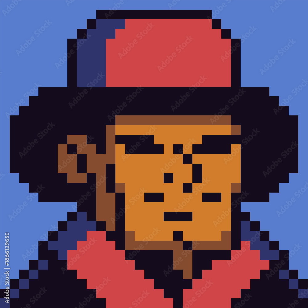 Obraz premium Pixel art avatar portrait of stylized human character asian man wearing cap and jacket. Retro 8-bit illustration game avatars, RPG characters, NPC portraits, profile icons, indie games, retro UI.