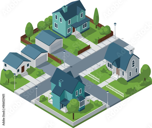 Suburban neighborhood with houses and green lawns