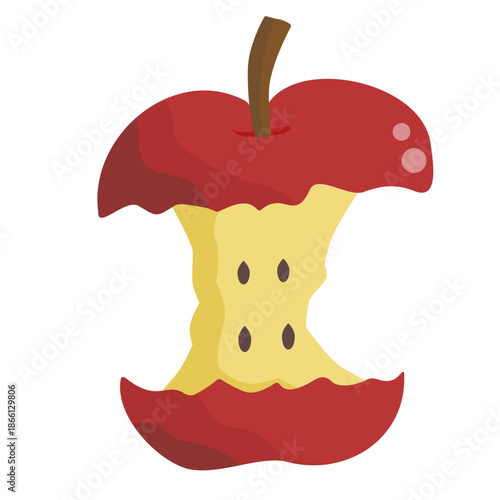 Cartoon-style red apple core with bite marks, flat vector illustration isolated on white background, minimal design representing food waste, freshness, or eaten fruit concept.