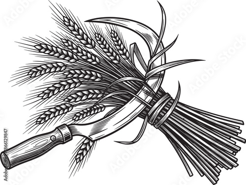 drawing of sickle with wheat sheaves