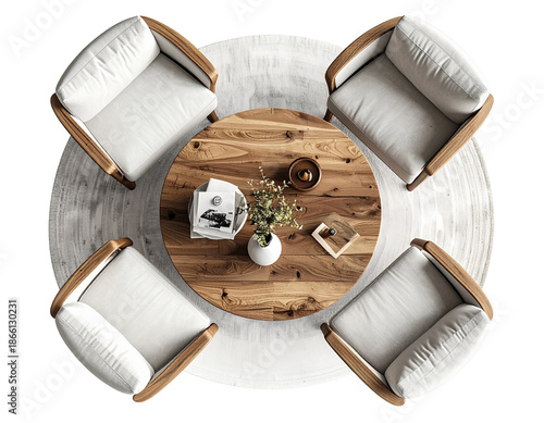 Round Coffee Table with Decorative Objects, Top-Down View, Isolated on Transparent Background PNG.