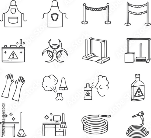 Work Safety Line Art Icons – Minimalist Vector Set of PPE, Emergency Signs, and Hazard Symbols