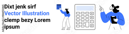 Business planning, financial calculation, productivity tools, education, project management, analytics. Illustration of people, a calculator and documents. Business planning and financial