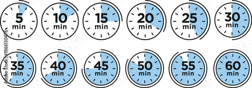 Timer, clock, stopwatch isolated set icons. Countdown timer symbol icon set. Label cooking time. Vector illustration.Set of analog clocks for every hour icon.Stopwatch icon from 1 to 60 minute timer