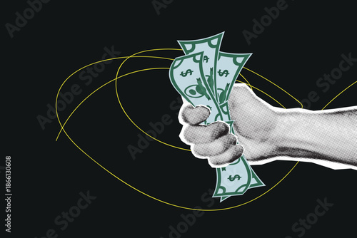 This graphic features a hand tightly gripping several money bills with dollar signs visible. The background contrasts dark tones with yellow abstract lines, creating a dynamic, modern design