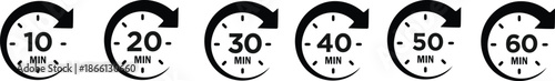 Timer, clock, stopwatch isolated set icons. Countdown timer symbol icon set. Label cooking time. Vector illustration.Set of analog clocks for every hour icon.Stopwatch icon from 1 to 60 minute timer