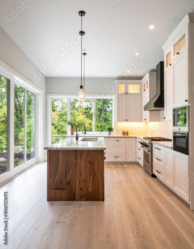 A bright and modern kitchen features a wooden island, white cabinets, and large .