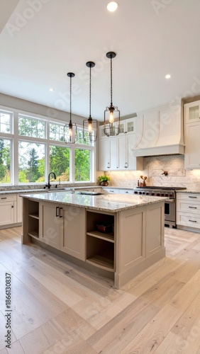A bright and spacious modern kitchen interior featuring a large central island with pendant lighting.