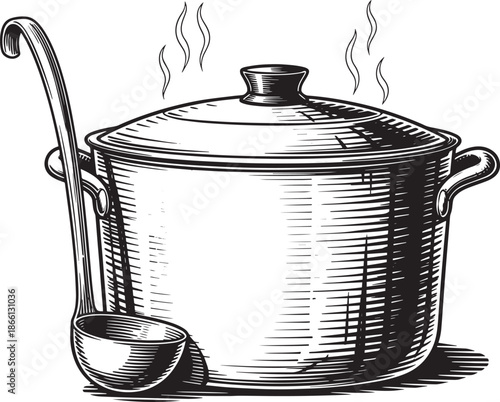 vintage pot with ladle and steam rising