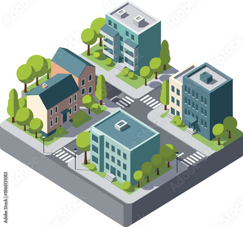 Modern city block with buildings and green spaces