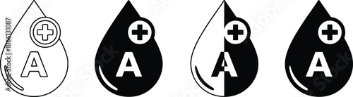 Blood type A drop icon set featuring black and white silhouettes with medical cross symbols for healthcare donation campaigns emergency medicine and patient identification design