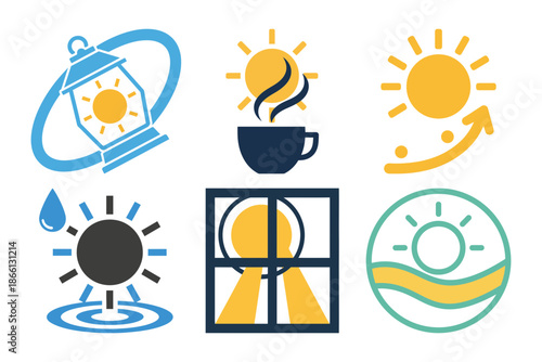 Collection of sun icons symbolizing hope guidance and changing weather.