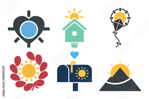 Collection of icons representing daytime happiness love and energy.