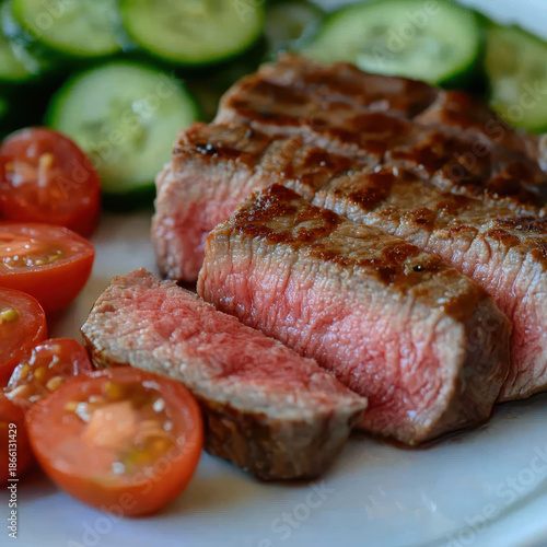 Juicy medium rare grilled steak slices with char marks served with cherry tomato halves and cucumber slices on plate, appetizing and fresh
