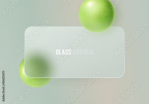 Light abstract background with translucent glass banner and floating green spheres.