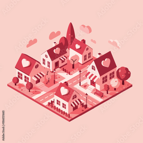 Charming pink neighborhood with heart themed houses and trees
