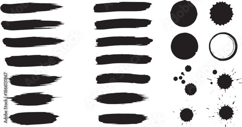 black brush strokes and splatters on white background