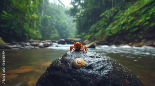 Small orange crab perched on wet river rock beside snail shell in lush tropical rainforest stream, misty background and moody natural atmosphere