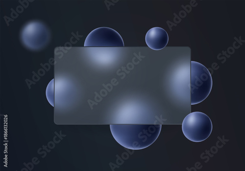 Dark abstract background with a translucent glass banner and floating blue spheres.