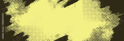 Bold grunge background with halftone dot texture and expressive paint brush strokes on a bright yellow base. Dynamic comic style composition with rough edges creates strong contrast and visual energy.
