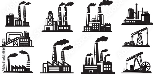 industrial factory and oil pump silhouettes on white background