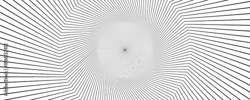Abstract black and white background with radiating geometric lines forming an optical illusion and dynamic focal center. High contrast linear pattern creates strong depth, motion, and visual tension.
