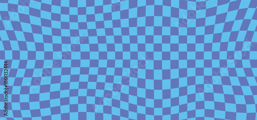 Abstract checkerboard background with wavy distorted grid pattern in blue and purple tones. Ideal for posters, digital backgrounds, web design, branding, mockups, vector illustrations, pop art composi