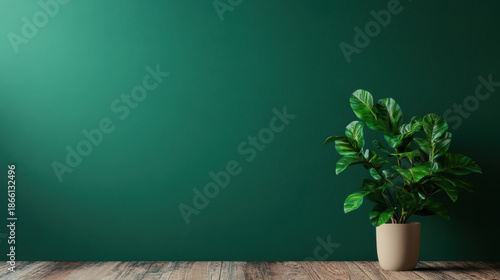 Lush variegated houseplant in ceramic pot against deep green wall, natural light casting soft shadows for calm interior scene