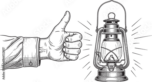 hand giving thumbs up next to old metal lantern
