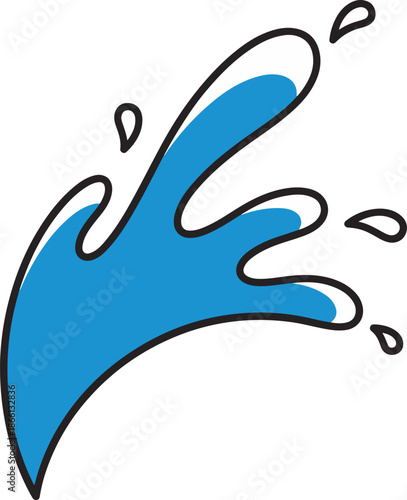 Blue water splash illustration with droplets on white background.