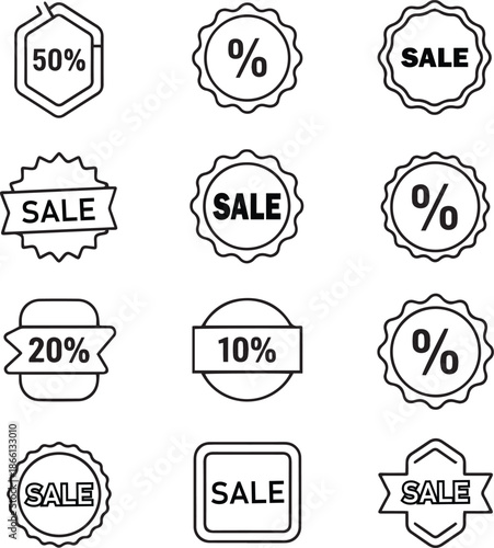 Collection of sale labels and discount icons in black and white.