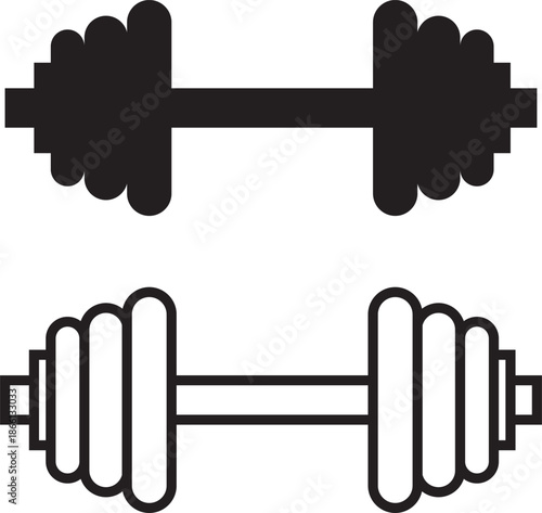 Set of dumbbell gym icons, collection of fitness weight training symbols, group of flat line vector illustrations, add barbell, workout, exercise, strength equipment, black icon