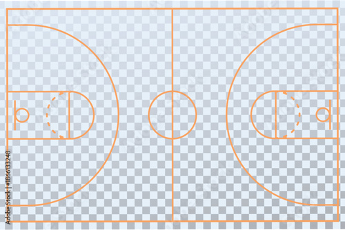 Top view basketball court markings with accurate lines and zones on transparent background. Clean sports layout for diagrams, infographics, coaching, broadcasts, and tactical analysis design.
