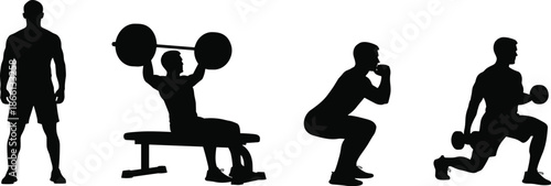 Fitness silhouette, black vector, gym workout, strength training, exercise pose, dumbbell lunge, barbell press, graphic, illustration, athletic motionFitness silhouette, black vector
