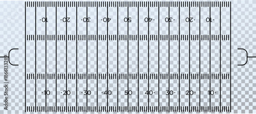 Top view American football field markings with accurate lines, yard lines, and zones on transparent background. Clean sports layout suitable for diagrams, infographics, coaching, broadcasts, and tacti