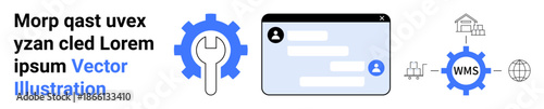Workflow management, IT services, automation, global logistics, system integration, user communication. Gear with wrench, chat window network icons. Workflow management and IT services concept